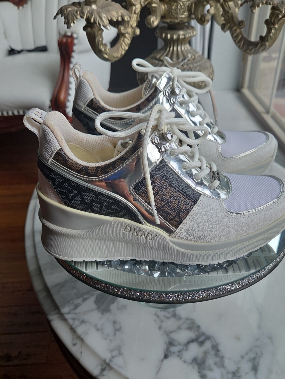 DKNY White and Silver Platform Sneakers with Logo Accent